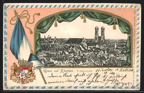 Passepartout-Lithographie München, Totalansicht mit Frauenkirche
