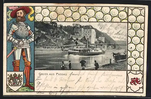 Passepartout-Lithographie Passau, Unterhaus, Rheinpartie mit Burg und Dampfer, Ritter, Wappen