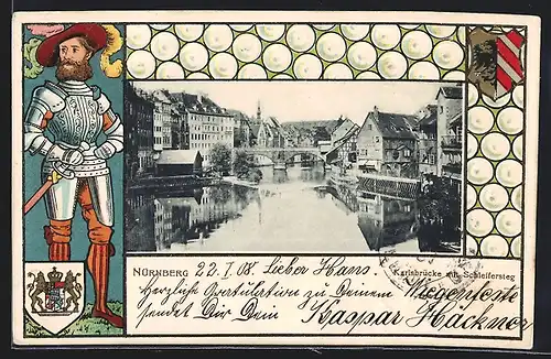 Passepartout-Lithographie Nürnberg, Karlsbrücke mit Schleifersteg, Ritter, Wappen