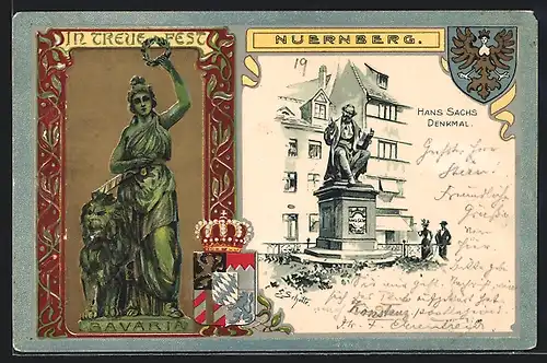 Passepartout-Lithographie Nürnberg, Hans Sachs Denkmal, Bavaria mit Löwe, Wappen