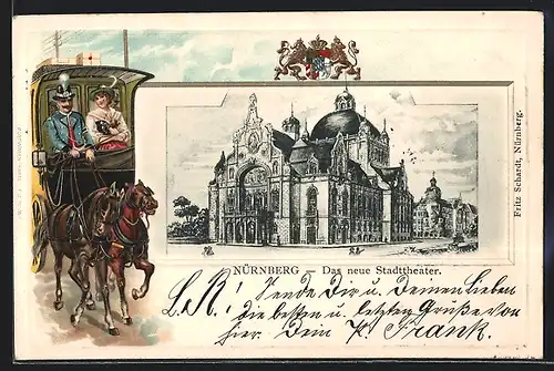 Passepartout-Lithographie Nürnberg, Das neue Stadttheater, Postkutsche mit Dame neben dem Kutscher, Wappen