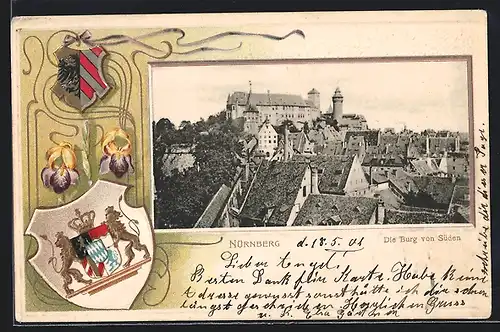 Passepartout-Lithographie Nürnberg, Die Burg von Süden gesehen, Wappen