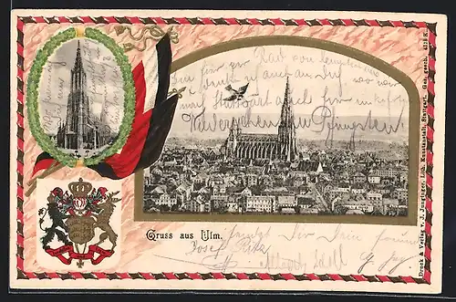 Passepartout-Lithographie Ulm, Teilansicht, Münster, Nationalflagge, Wappen