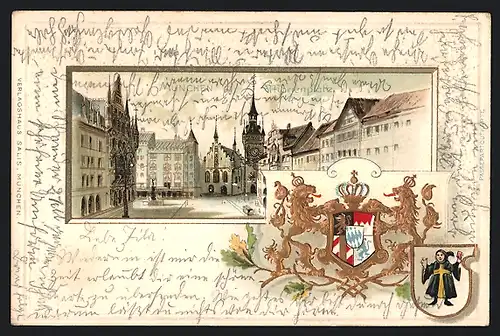 Passepartout-Lithographie München, Blick auf den Marienplatz, Wappen, Münchner Kindl