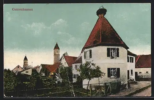 AK Gunzenhausen, Ortspartie mit Kirche und Storchennest