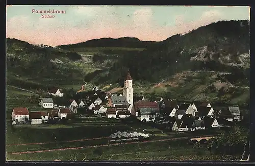 AK Pommelsbrunn, Totalansicht von Süden und fahrende Dampflokomotive