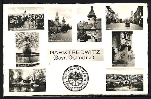AK Marktredwitz in bayr. Ostmark, Blick auf Rathaus und Stadtpfarrkirche, Strasse, Erker am alten Rathaus