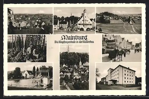 AK Mainburg, Ortspartien, Freibad, Pferdefuhrwerk