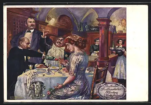 Künstler-AK Nürnberg, Szene im Gasthaus Städtischer Rathauskeller