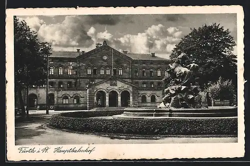 AK Fürth i. B., Hauptbahnhof mit Brunnen