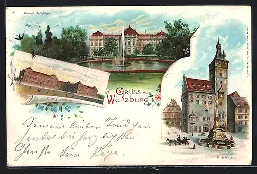 Lithographie Würzburg, Königliches Schloss mit Fontäne, Rathaus