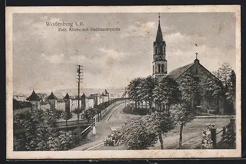 AK Weissenburg i. B., Kath. Kirche mit Stadtmauerpartie