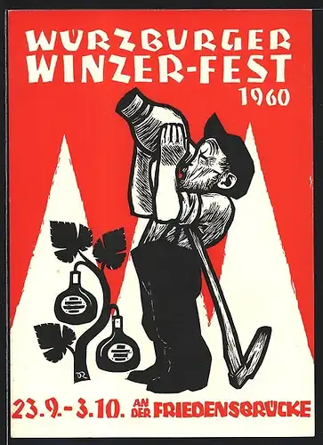 AK Würzburg, Winzer-Fest an der Friedensbrücke 1968, Mann mit Weinkrug