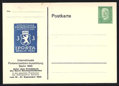 AK Berlin, Internationale Postwertzeichen-Ausstellung IPOSTA 1930, Ganzsache