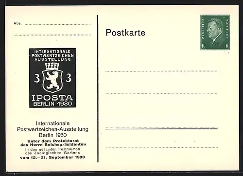 AK Berlin, Internationale Postwertzeichen-Ausstellung IPOSTA 1930, Ganzsache