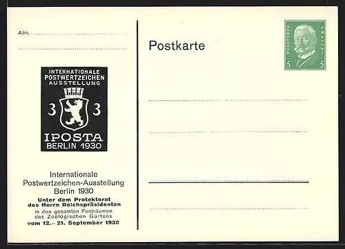 AK Berlin, Internationale Postwertzeichen-Ausstellung IPOSTA 1930, Ganzsache
