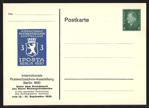 AK Berlin, Internationale Postwertzeichen-Ausstellung IPOSTA 1930, Ganzsache