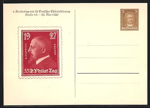 AK Berlin, 33. Deutscher Philatelistentag 1927, Briefmarke mit Portrait Siegfried Ascher, Ganzsache