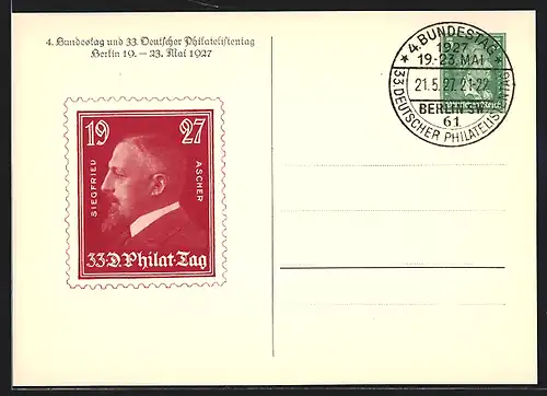 AK Berlin, 33. Deutscher Philatelistentag 1927, Briefmarke mit Portrait Siegfried Ascher Goethe, Ganzsache