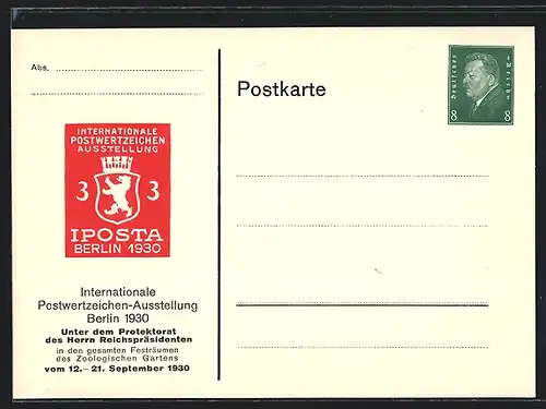 AK Berlin, Internationale Postwertzeichen-Ausstellung IPOSTA 1930, Ganzsache