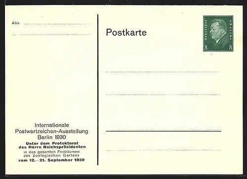 AK Berlin, Internationale Postwertzeichen-Ausstellung 1930, IPOSTA, Ganzsache