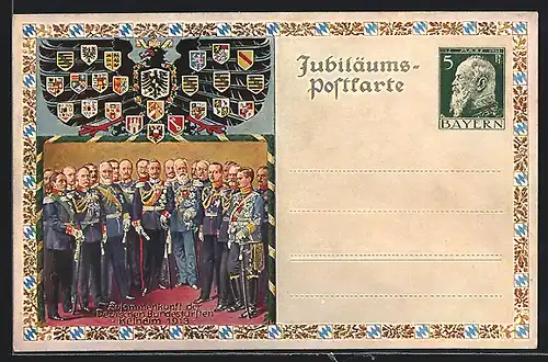 Künstler-AK Kelheim, Zusammenkunft d. Deutschen Bundesfürsten 1913, König Ludwig III., Wappen, Ganzsache Bayern