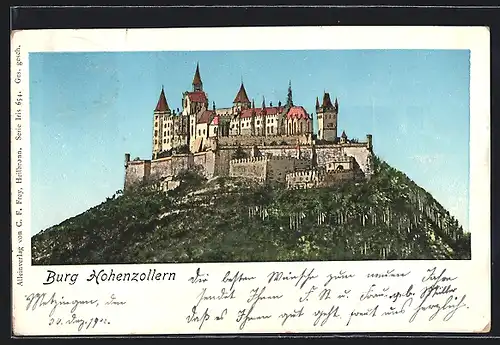 Goldfenster-AK Burg Hohenzollern mit leuchtenden Fenstern