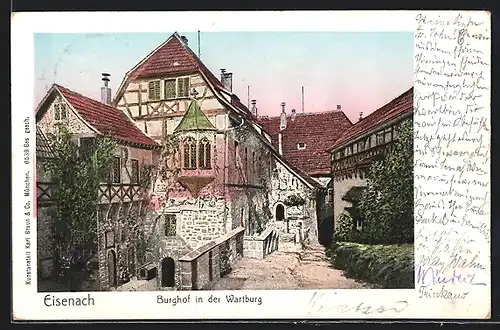 Goldfenster-AK Eisenach, Burghof in der Wartburg mit leuchtenden Fenstern