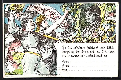 Künstler-AK Menschen bejubeln Bismarck zum 80. Geburtstag, Ganzsache