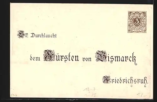 Künstler-AK Jubelpaar mit Lorbeerkranz und Reichsflagge, Fürst Otto v. Bismarck mit Pickelhaube in Uniform, Ganzsache