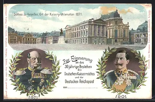 Lithographie Deutsches Kaiserreich und Deutsche Reichspost, Schloss zu Versailles, Reichseinigungskriege, Ganzsache