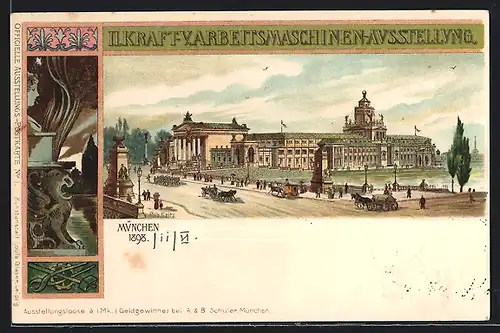 Lithographie München, II. Kraft- und Arbeitsmaschinen-Ausstellung 1898, Ortspartie mit Gebäude, Ganzsache Bayern