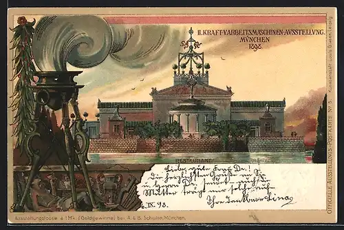 Lithographie München, II. Kraft- v- Arbeitsmaschinen-Ausstellung 1898, Restaurant, Ganzsache Bayern