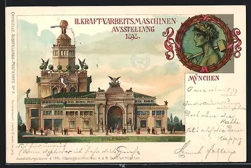 Lithographie München, II. Kraft- & Arbeitsmaschinen-Ausstellung 1898 Süd-Eingang, Ganzsache Bayern