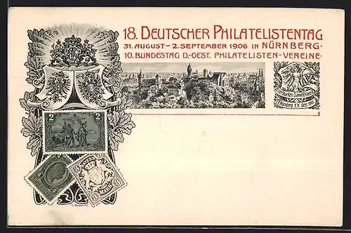 AK Nürnberg, Philatelistentag 1906, Teilansicht, Briefmarken, Wappen, Ganzsache Bayern