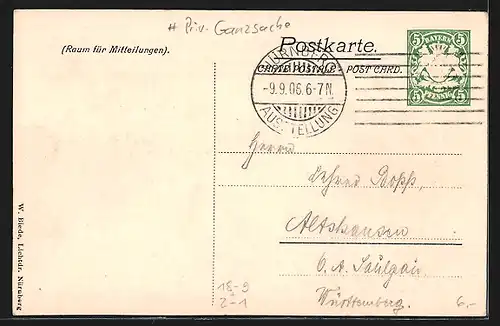 AK Nürnberg, Philatelistentag 1906, Teilansicht, Briefmarken, Wappen, Ganzsache Bayern