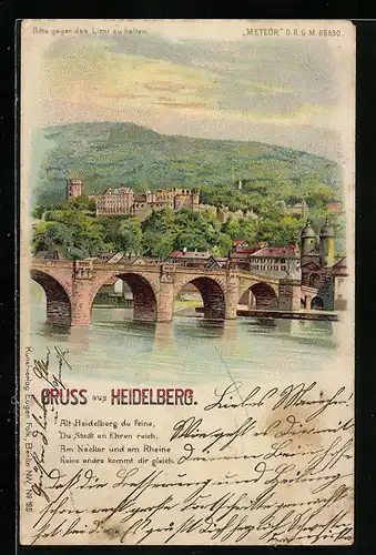 Lithographie Heidelberg, Teilansicht, Halt gegen das Licht: Feuerwerk über der Burg