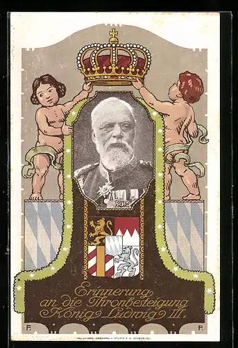 AK König Ludwig III. von Bayern mit Uniform, Erinnerung an die Thronbesteigung, Ganzsache Bayern