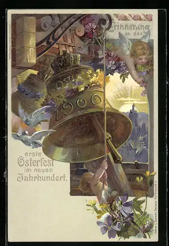 Lithographie Osterfest im neuen Jahrhundert 1900, Engel läuten eine Kirchenglocke, Ganzsache