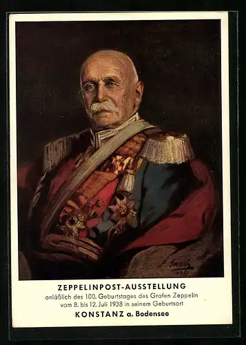 Künstler-AK Konstanz, Zeppelinpost-Ausstellung 1938, Portrait Graf v. Zeppelin in Uniform, Ganzsache