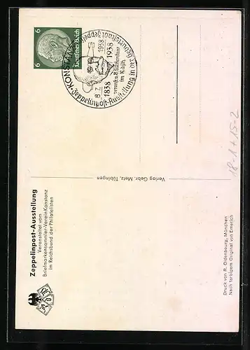 Künstler-AK Konstanz, Zeppelinpost-Ausstellung 1938, Portrait Graf v. Zeppelin in Uniform, Ganzsache