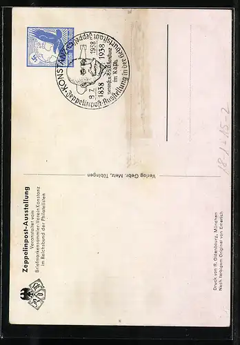 Künstler-AK Konstanz, Zeppelinpost-Ausstellung 1938, Portrait Graf v. Zeppelin in Uniform mit Epauletten, Ganzsache