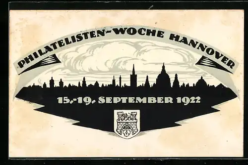 Künstler-AK Ganzsache PP61C4 /03: Hannover, Philatelisten-Woche 1922, Stadtpanorama im Scherenschnitt