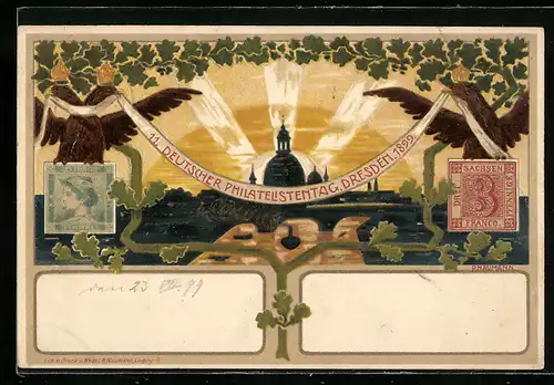 Lithographie Ganzsache PP9C108: Dresden, 11. Deutscher Philatelistentag 1899, Ausstellung