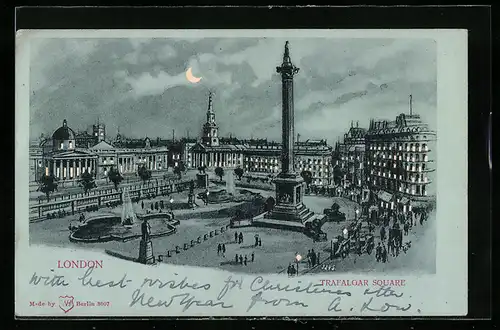 Mondschein-AK London, Trafalgar Square, Halt gegen das Licht: beleuchtete Fenster
