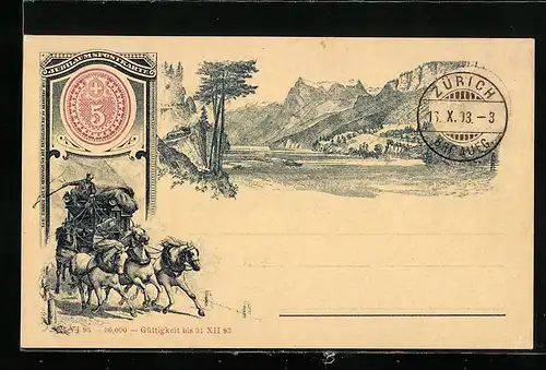 Vorläufer-Lithographie Schweiz, 1893, Postkutsche, Idyllische Berglandschaft, Ganzsache