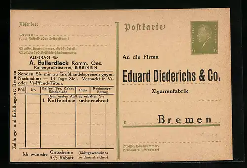 AK Bremen, Zigarrenfabrik Eduard Diederichs & Co., Auftrag für Bullerdieck, Ganzsache
