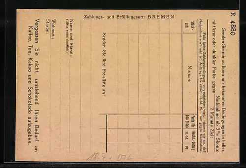 AK Bremen, Zigarrenfabrik Eduard Diederichs & Co., Auftrag für Bullerdieck, Ganzsache