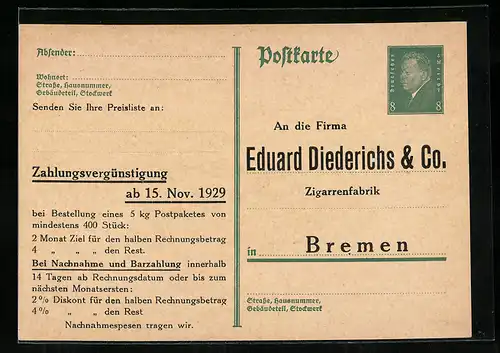 AK Bremen, Zigarrenfabrik Eduard Diederichs & Co., Zahlungsvergünstigung, Ganzsache