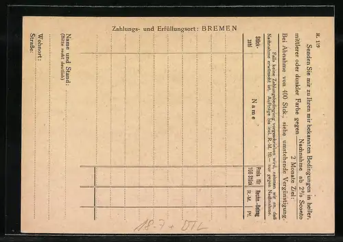 AK Bremen, Zigarrenfabrik Eduard Diederichs & Co., Zahlungsvergünstigung, Ganzsache